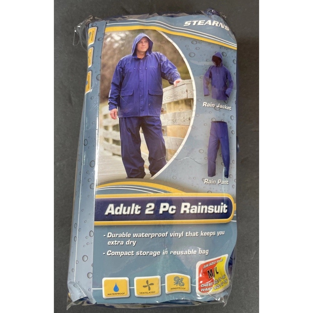 NEW Stearns Adult M/L 2 piece Rainsuit Hooded‎ Jacket Snap Pants Water/Windproof